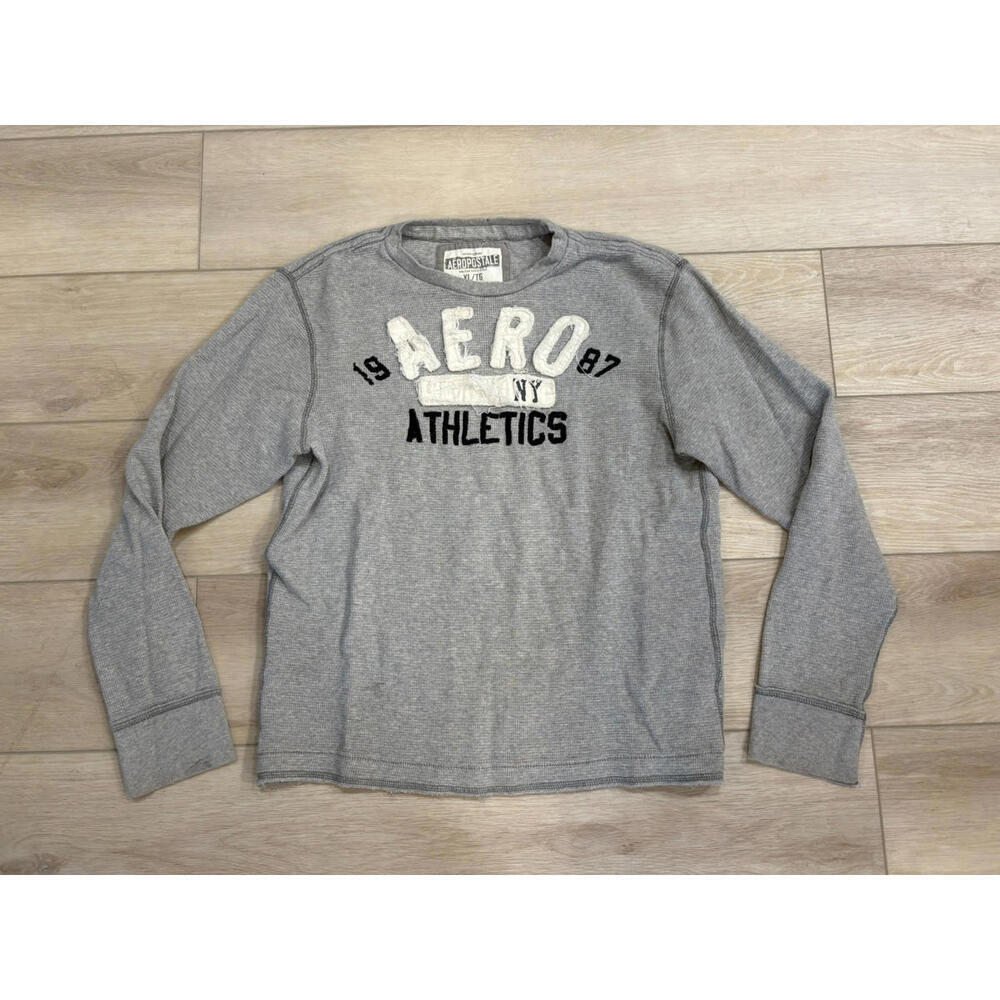 Aeropostale Men’s Long Sleeve Thermal Shirt Gray XL Distressed 1987 Athletics